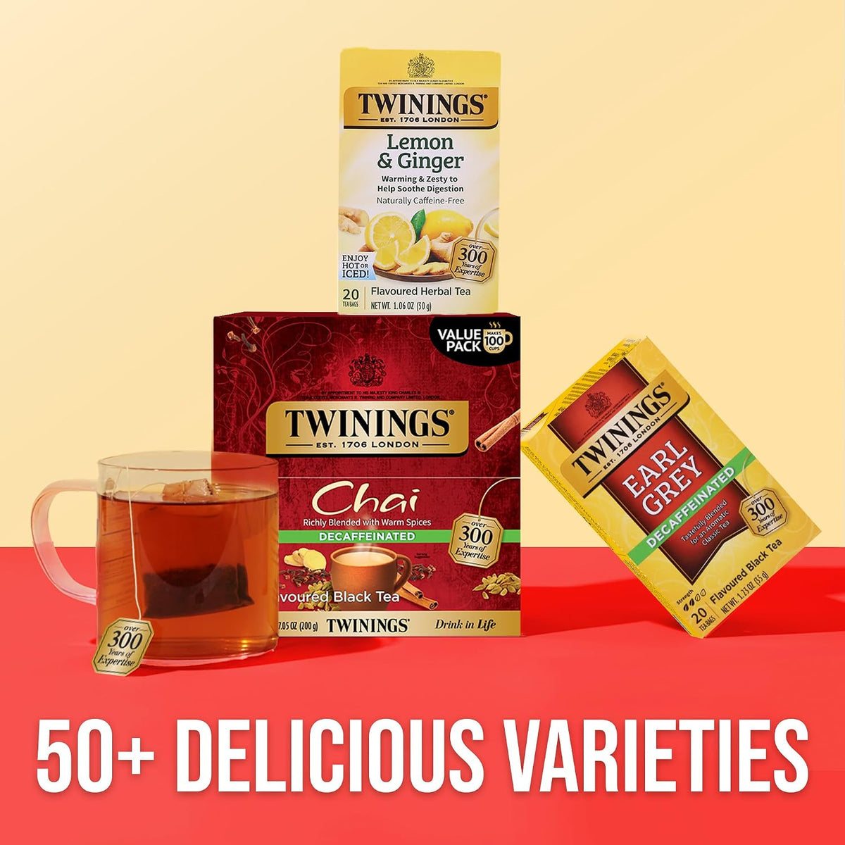 Twinings Decaffeinated Chai Individually Wrapped Bags, 100 Count (Pack of 1), Sweet, Savoury Spices, Enjoy Hot or Iced, 100 Teabags