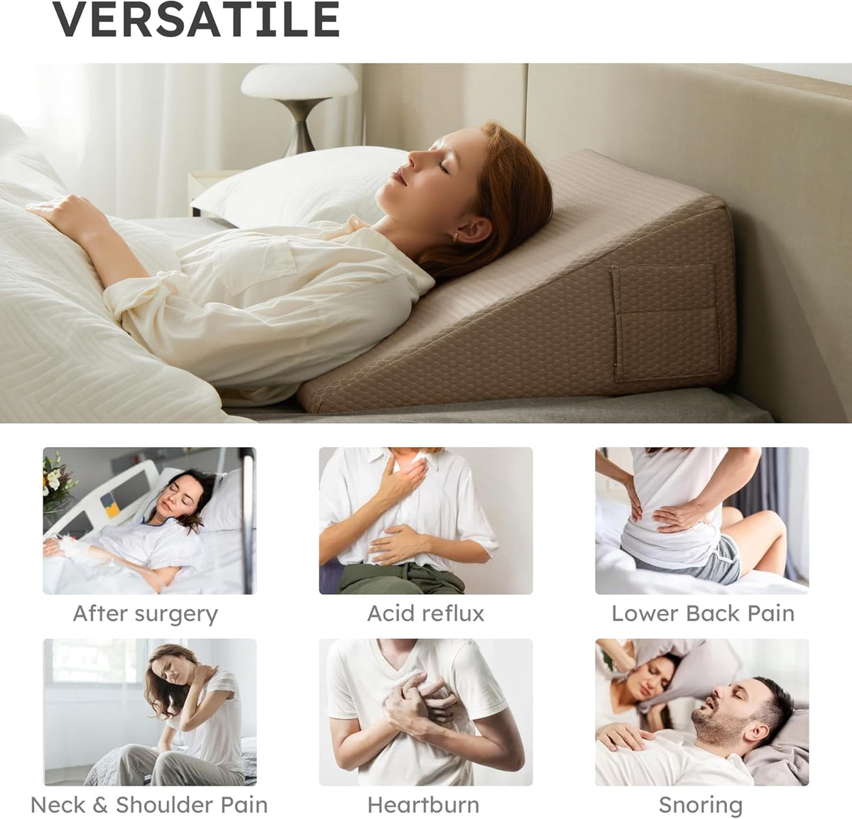 Bedluxe Wedge Pillow, 10 inch Bed Wedge Pillow for Headboard, Pillow Wedge for Acid Reflux Relief, Sleeping, Back Pain Relief, Snoring, Triangle Pillow Wedge, White/Grey