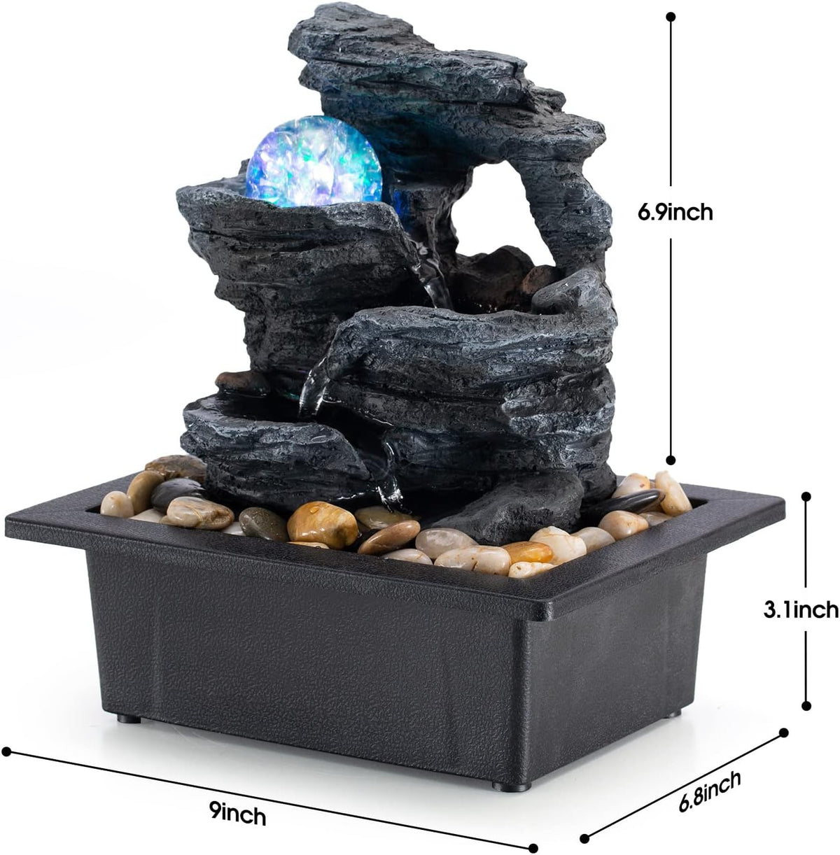 Amootek Table Top Fountain Spin Ball Rock Waterfall Fountain Office Table Top Fountain Includes Many Natural River Rocks Decorated with Colorful Lights and Rollers 9.05" L x 6.95" W x 10.25" H
