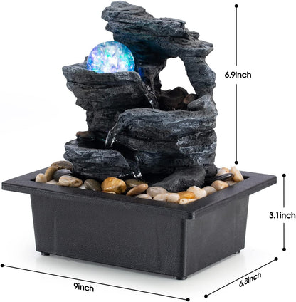 Amootek Table Top Fountain Spin Ball Rock Waterfall Fountain Office Table Top Fountain Includes Many Natural River Rocks Decorated with Colorful Lights and Rollers 9.05" L x 6.95" W x 10.25" H