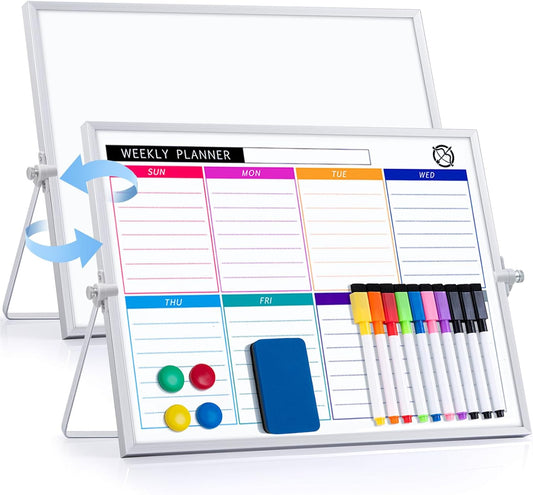 ARCOBIS Dry Erase White Board with Stand, 12" x 16" Weekly Double-Sided Desktop Whiteboard 10 Markers, 4 Magnets, 1 Eraser, Portable Magnetic Dry Erase Calendar for Planning, to Do List, Memo, School