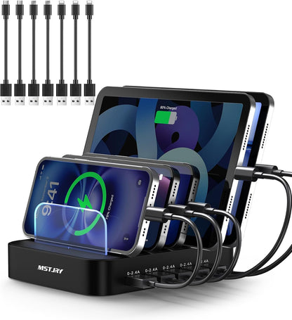 MSTJRY Charging Station for Multiple Devices : 5 Port Multi USB-A Charger Stations Multi-Device Organizer Charging Dock Designed for iPhone iPad Cell Phone Tablets (7 Short Cables Included)