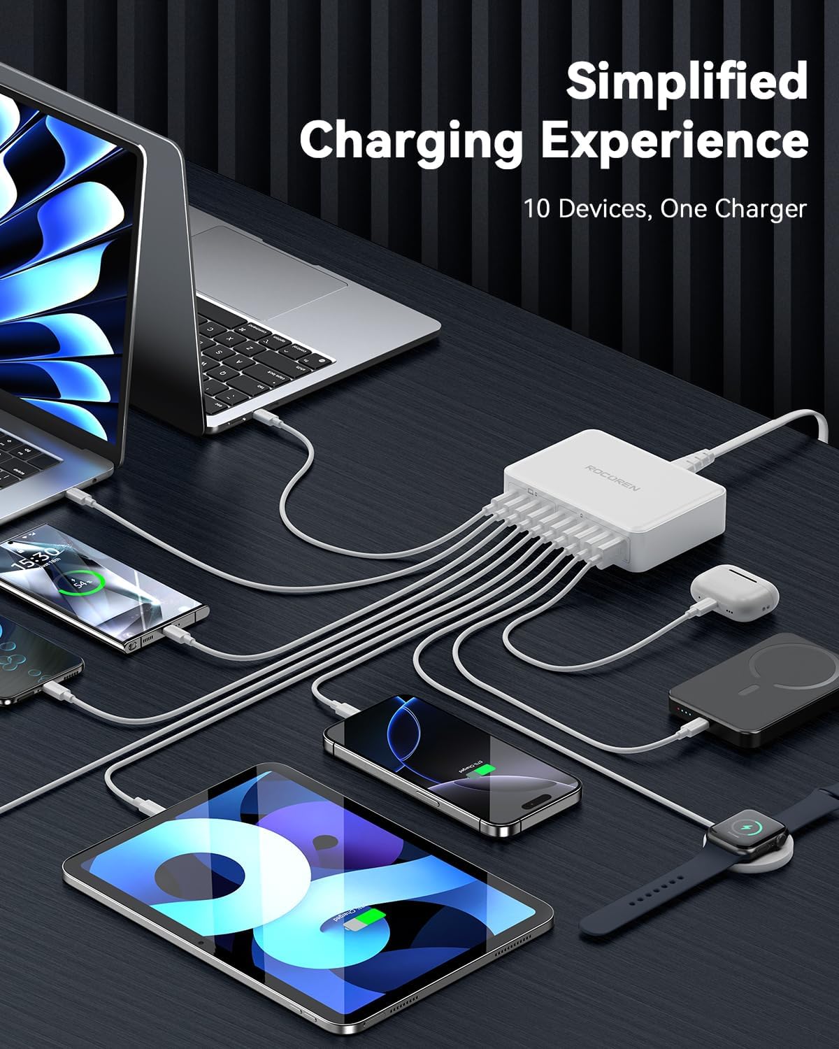 Rocoren 480W GaN 10‑Port Charging Station, PD 100W Fast USB‑C Charger Hub