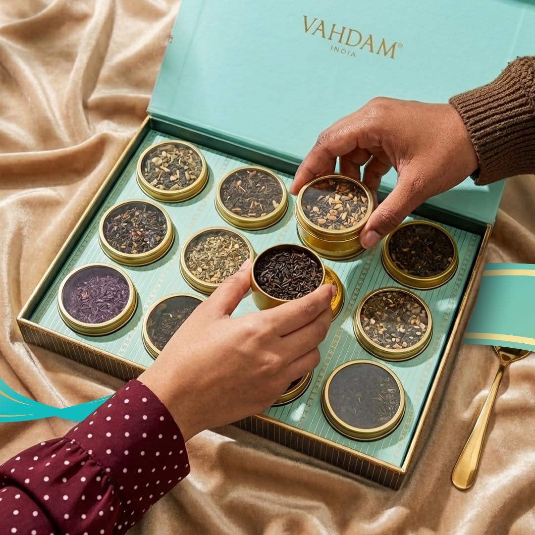 VAHDAM Tea Gift Set - 12 Loose Leaf Teas in Tin Caddy Presentation Box | Premium Tea Sampler Gift Hamper for Women, Men & Tea Lovers | Christmas Gift, Birthday, Housewarming | Gluten Free, Non-GMO