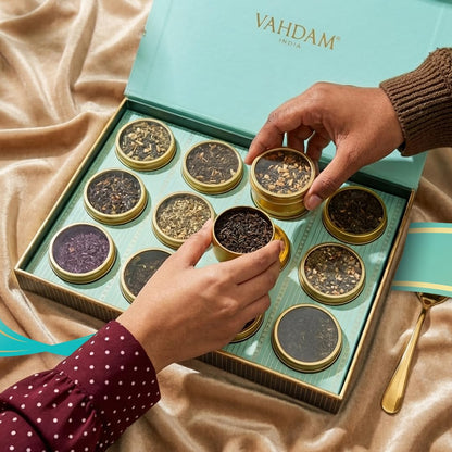 VAHDAM Tea Gift Set - 12 Loose Leaf Teas in Tin Caddy Presentation Box | Premium Tea Sampler Gift Hamper for Women, Men & Tea Lovers | Christmas Gift, Birthday, Housewarming | Gluten Free, Non-GMO