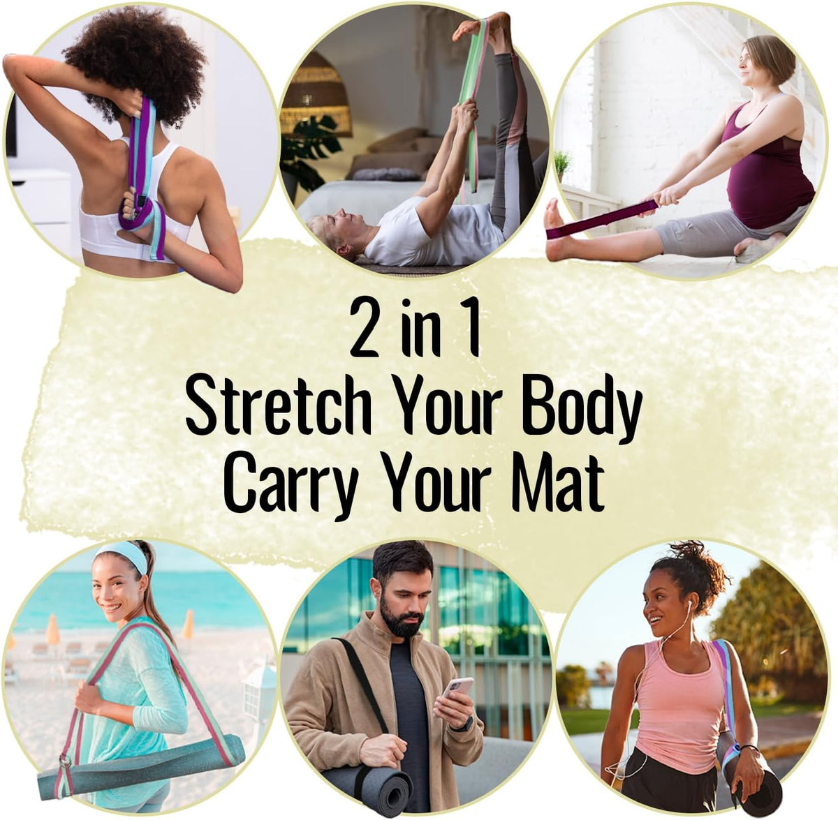 TECEUM 2 IN 1 Yoga & Mat Strap for Stretching – Cotton – 6/8/10 ft