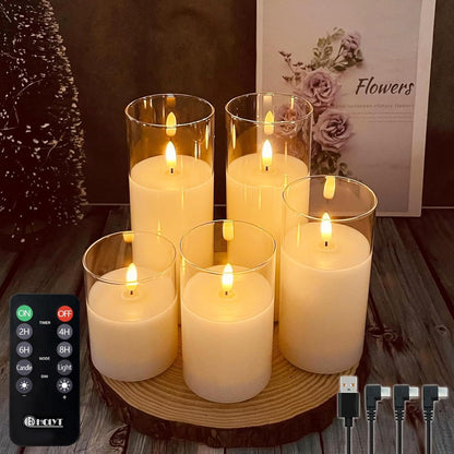 LEDHOLYT Rechargeable Flameless Glass Pillar Candles–Gifts for Women,–Set of 3, Realistic Flickering LED Flame,Remote & Timer, Ideal for Living Room, Bedroom & Halloween Festival Home Party Decor