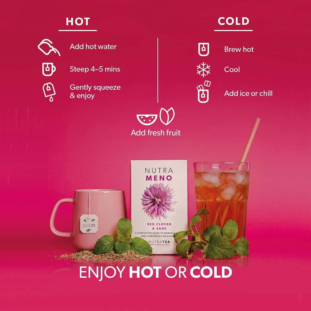 Nutra Tea NutraMeno - Menopause Tea, Red Clover Tea - Perimenopause & Menopause Relief For Women - Includes Red Clover, Sage & Rose - 20 Individually Wrapped Bags - Herbal Infusion (1 Pack)