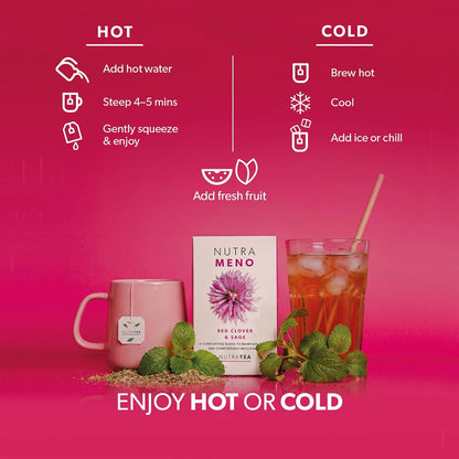 Nutra Tea NutraMeno - Menopause Tea, Red Clover Tea - Perimenopause & Menopause Relief For Women - Includes Red Clover, Sage & Rose - 20 Individually Wrapped Bags - Herbal Infusion (1 Pack)