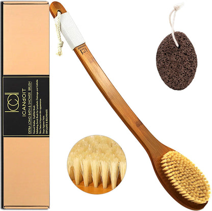 ICANdOIT-17.71Inch Natural Boar Bristles Anti-Slip Long Handle Bath Brush,Bent Handle Shower Scrubber for Exfoliating,Shower Back Brush,Exfoliation Set with Pumice Stone (1 Pack)