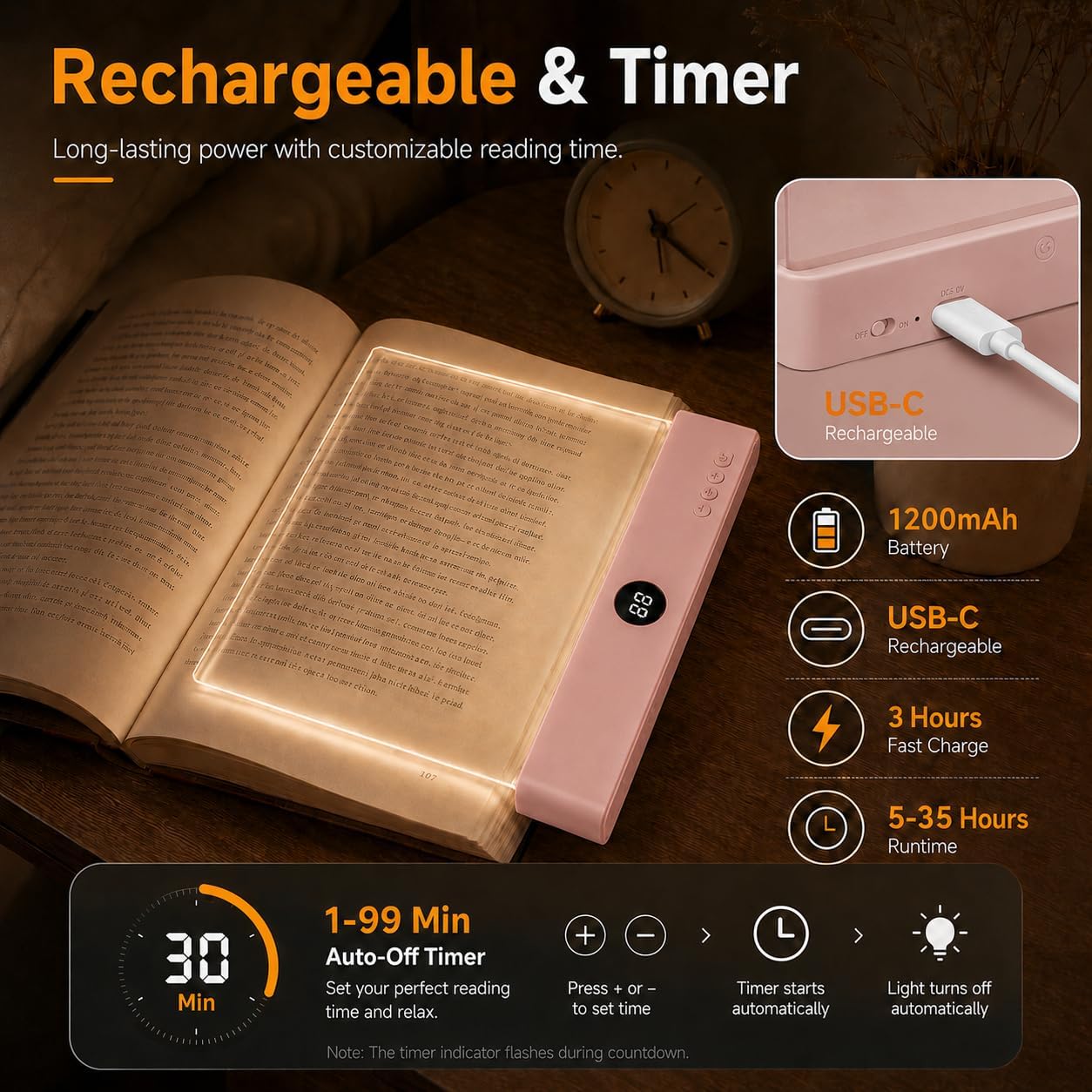 Smart 2 in 1 LED Book Light & Night Light, with 3 Colors, Stepless Dimming