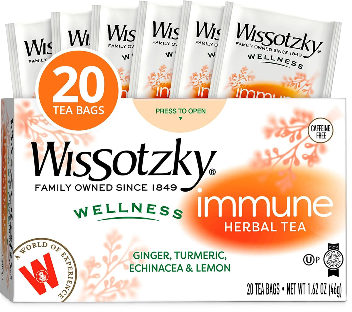 Wissotzky Wellness Immune Herbal Tea, 20 Tea Bags | Caffeine Free | With Ginger, Turmeric, Echinacea & Lemon | Herbal Tea for Immune Support & Daily Wellness | Bright, Invigorating Flavor