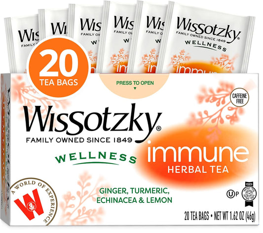 Wissotzky Wellness Immune Herbal Tea, 20 Tea Bags | Caffeine Free | With Ginger, Turmeric, Echinacea & Lemon | Herbal Tea for Immune Support & Daily Wellness | Bright, Invigorating Flavor