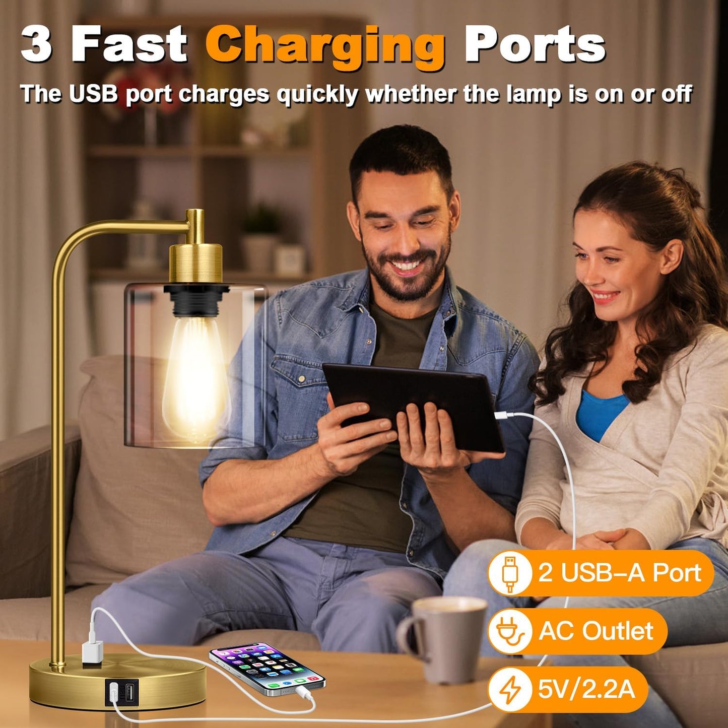 Set of 2 Industrial Touch Control Table Lamps with USB C+A Ports and AC Outlet - 3-Way Dimmable Black Bedside Lamps Nightstand Desk Lamps for Bedroom Living Room, Glass Shade & 2 LED Bulbs Included