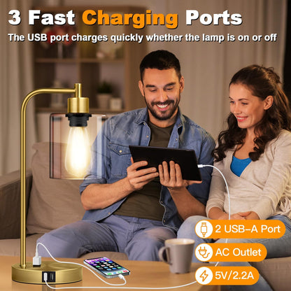 Set of 2 Industrial Touch Control Table Lamps with USB C+A Ports and AC Outlet - 3-Way Dimmable Black Bedside Lamps Nightstand Desk Lamps for Bedroom Living Room, Glass Shade & 2 LED Bulbs Included