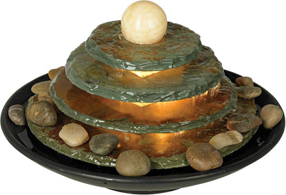 Pyramid 10" High Small Zen Modern Indoor Decor Slate Stone Tabletop Fountain with Light Waterfall Feng Shui Ball Rock Water Feature for Desk Relaxation Bedroom Living Room Countertop - John Timberland