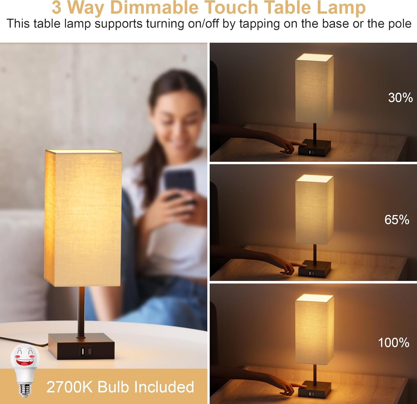 Table Lamp for Bedroom, 3 Way Dimmable Touch Bedside Lamp, Small Lamp with 2 USB C+A Charging Ports, Black Nightstand Lamps for End Table, Living Room, Desk, Bulb Included