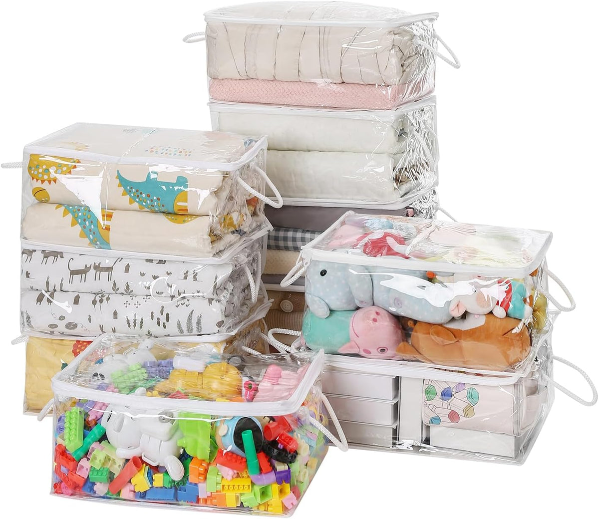 10-Pack Clear Zippered Storage Bags with Handles, Two-Way Zipper Foldable Closet Organizer, Bed Sheet Organizer, Plastic Storage Bin for Clothes, Towels