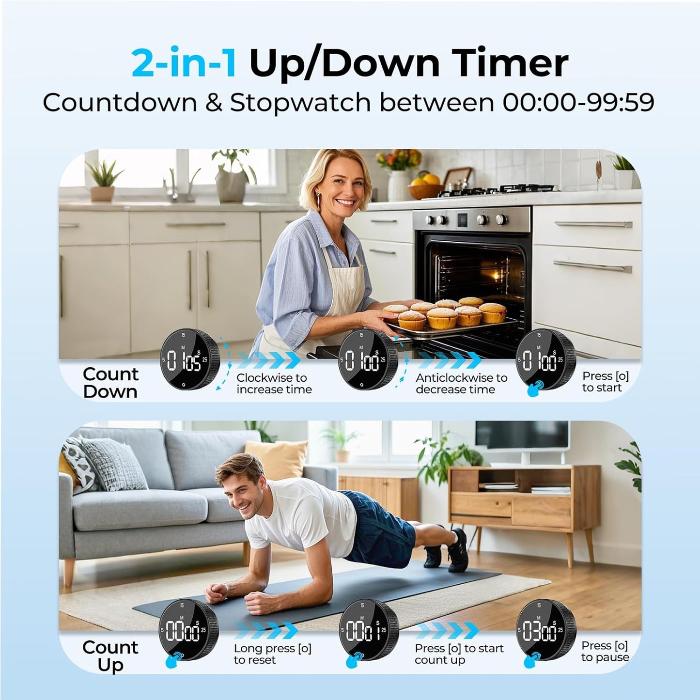 USB Rechargeable Magnetic Kitchen Timer for Cooking, Building 800mAh Battery Large Display Digital Countdown Countup Timer, 3 Preset 5/15/25 Mins Loud Alarm for Baking Grilling Studying