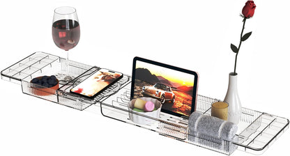 Yieach Luxury Clear Acrylic Bathtub Tray with Book Holder,Expandable Bath Tray for Tub and Bath Shelf Over Tub,Plastic Bath Table & Board,Bath Caddy Trays & Accessories for Women Relaxing Spa Gifts