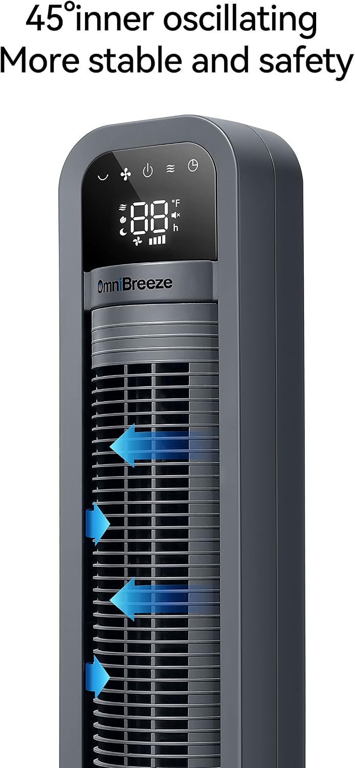 OmniBreeze Digital Electric Tower Fan, with Remote Control, LED Display, Standing Bladeless Floor Fans Cooling and Quite Indoor Living Room Bedroom use (36 Inch)…
