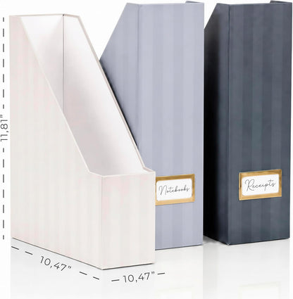 Beautiful Magazine Holder Set of 3 - Sturdy File Holder for Desk or Shelves