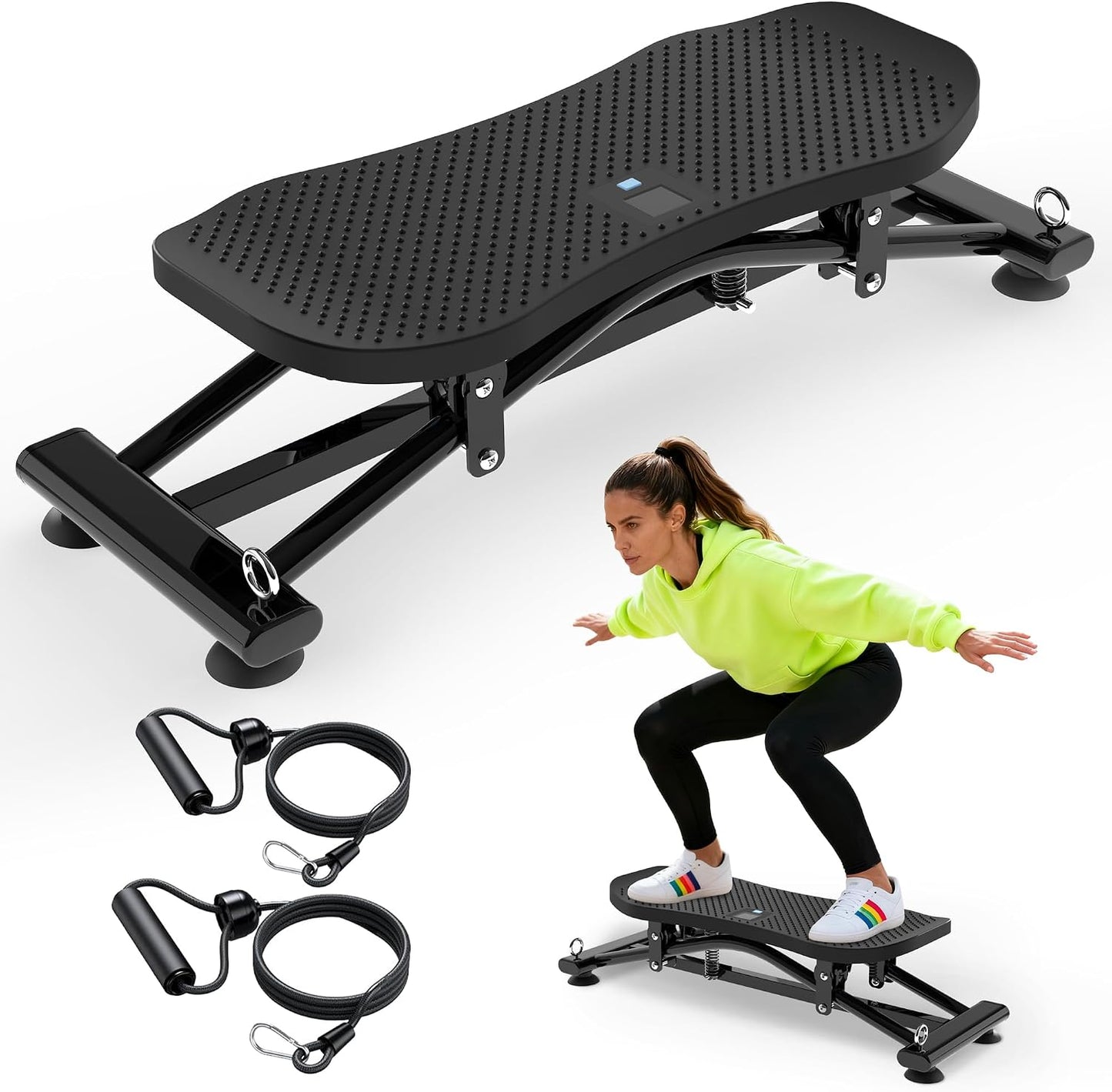 KINMAC 2-in-1 Rocking Stepper with Resistance Bands, Portable Balance Board for Exercise at Home, Quiet Mini Stair Stepper with LCD Monitor, Ski Trainer for Workout Home Gym