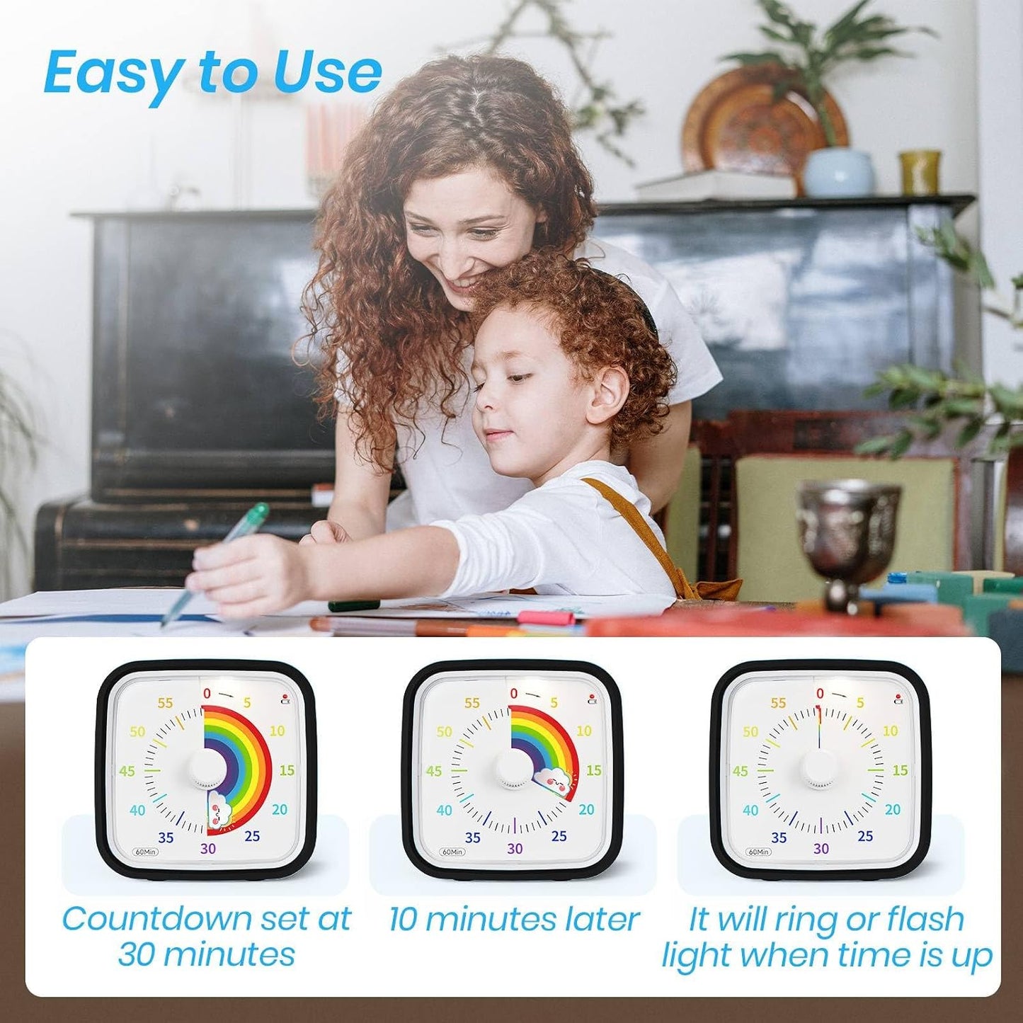 Yunbaoit Visual Timer with Protective Case, Rainbow Disk 60 Minute Countdown Timer for Kids and Adults, Silent Time Management Tool(Blue Rainbow)