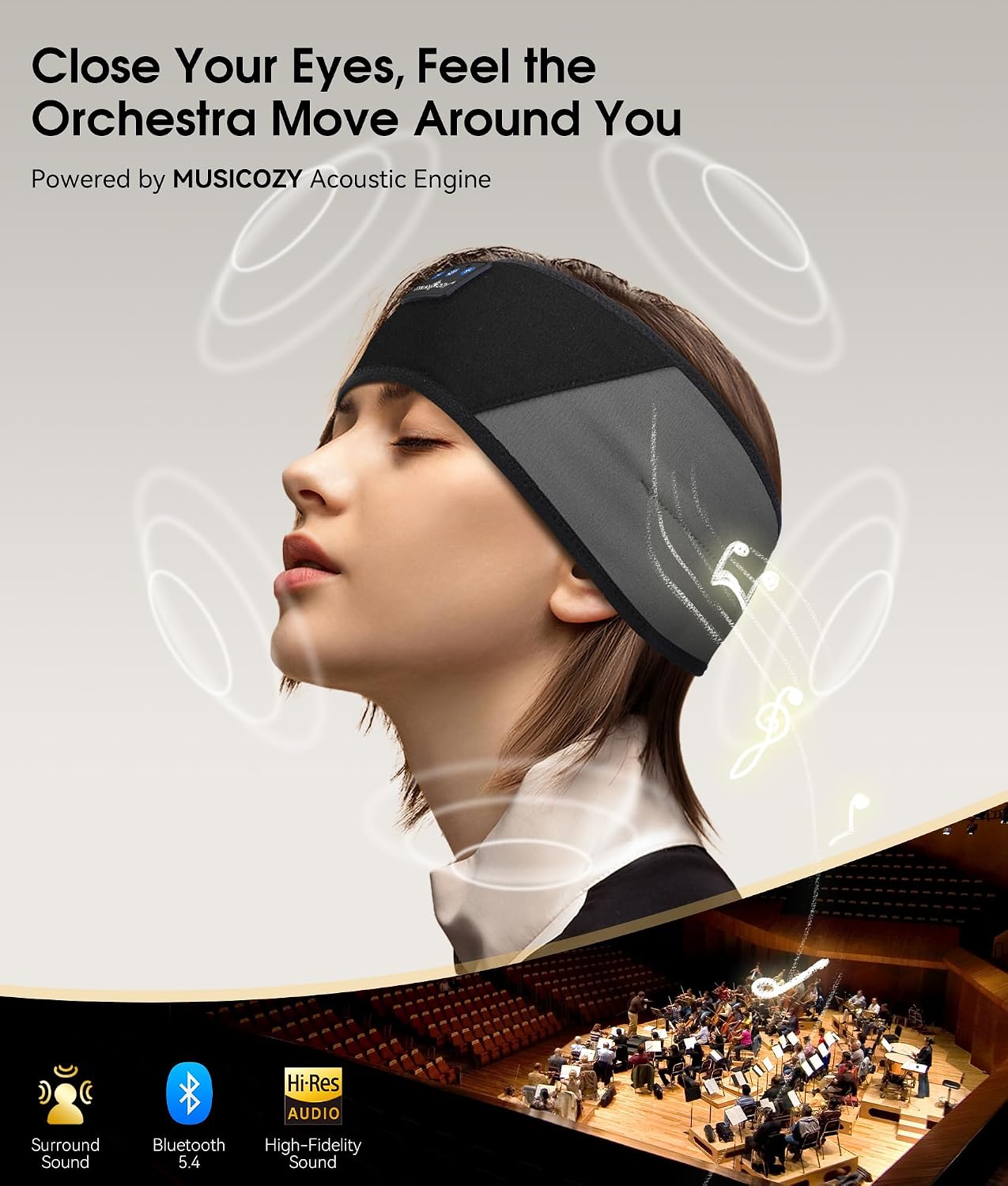 MUSICOZY Sleep Headphones Bluetooth 5.4 Headband, Wireless Earphones Music Sleep Earbuds Sleeping Eye Mask with HD Stereo Speakers for Workout Running Travel Yoga, Ideal Gifts for Men Women Mom Dad