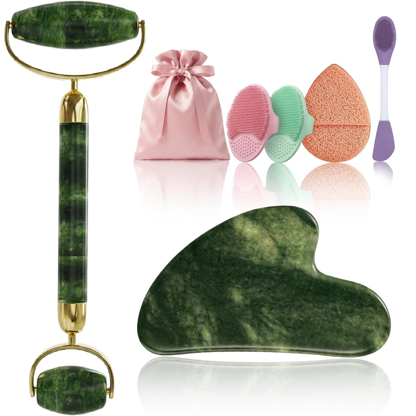 Rena Chris Gua Sha and Face Roller Set: Anti-Breakage Jade Roller for Long-Lasting Use, Jawline Sculpting and Puffiness Reducing, Gua Sha Facial Tools for Self Care Gift (Green)