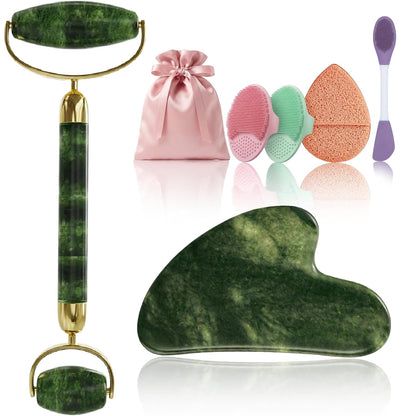Rena Chris Gua Sha and Face Roller Set: Anti-Breakage Jade Roller for Long-Lasting Use, Jawline Sculpting and Puffiness Reducing, Gua Sha Facial Tools for Self Care Gift (Green)