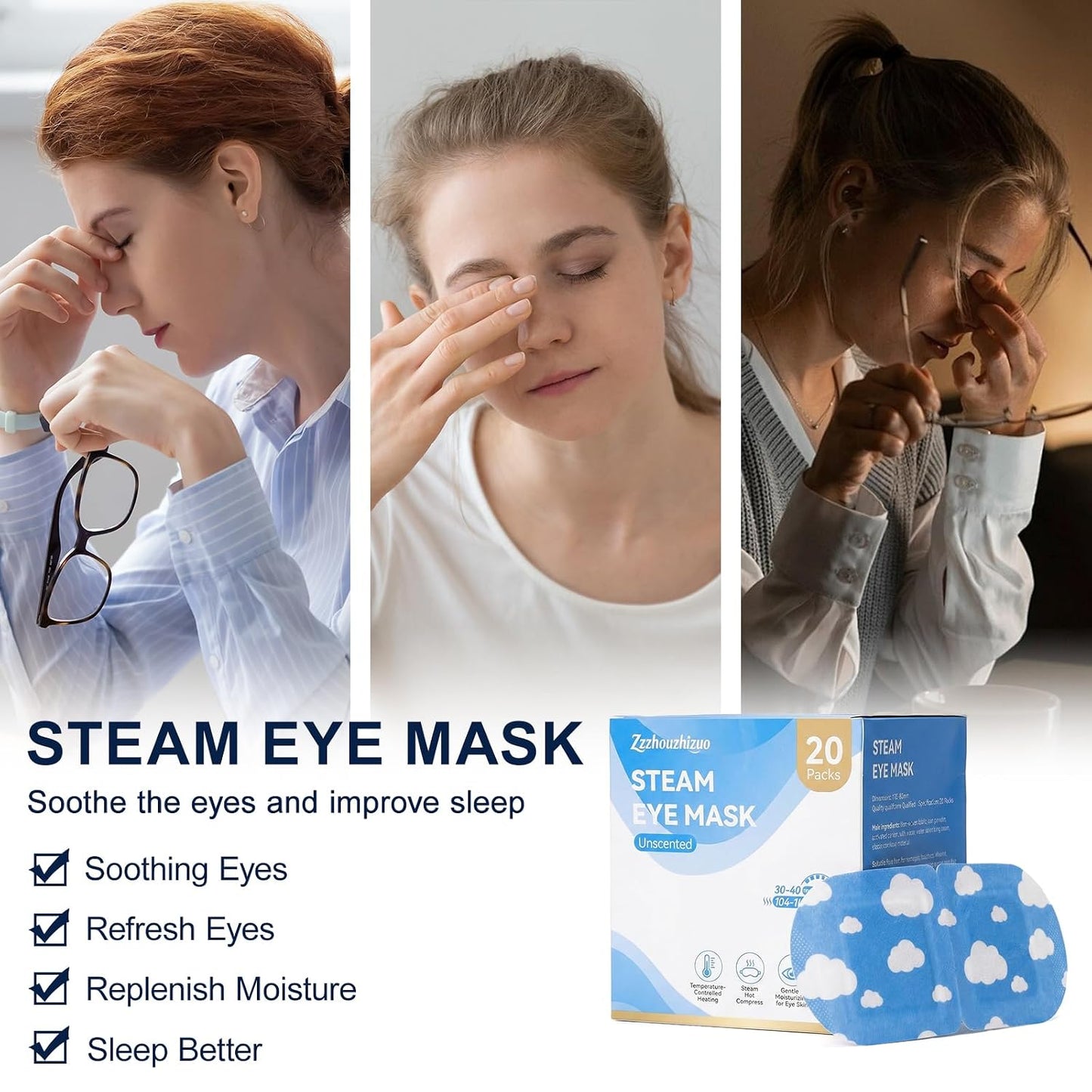 20 Packs Steam Eye Masks Disposable, Self Heating Heated Eye Mask Warm Compress for Sleep, Travel, Spa, Lint-Free Breathable Eye Masks for Women Men, Relaxation Gifts for Her Him (Unscented)