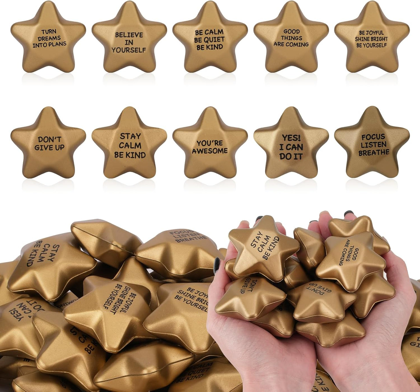 SHQDD 48PCS Stress Balls, Star Stress Balls for Adults & Kids - Motivational Quotes Soft Foam Stress Relief Squeeze Toys, Office Classroom Stress Relief Gifts, Student Prizes (Motivational, 2.16 Inch)