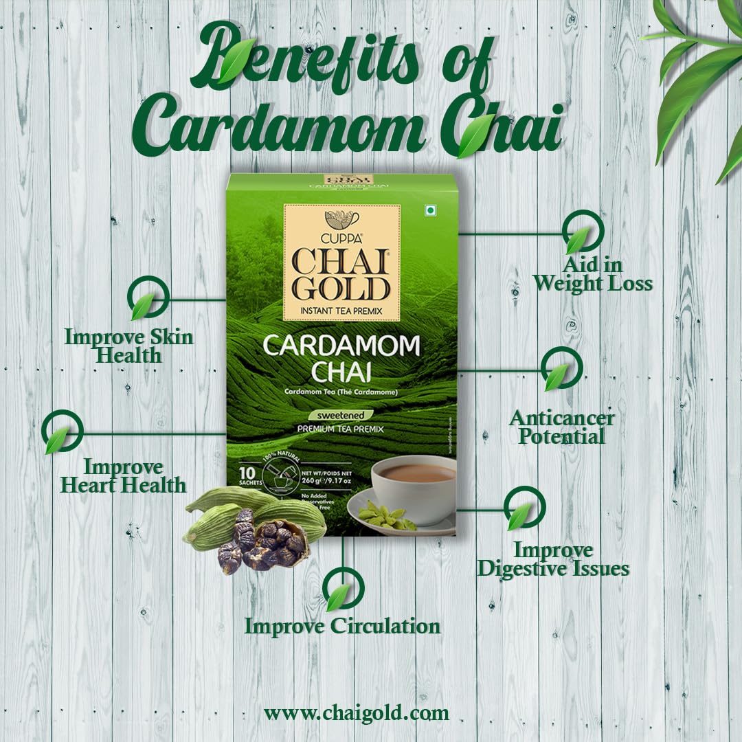 Cuppa Chai Gold Cardamom Chai Instant Tea Premix Unsweetened, No Added Sugar, Rich Cardamom Flavor Tea Beverage Mix, Just Add Hot Water, Convenient Single-Serve Sachets for Home, Office & Travel, Pack of 1 (10 Count)