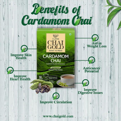 Cuppa Chai Gold Cardamom Chai Instant Tea Premix Unsweetened, No Added Sugar, Rich Cardamom Flavor Tea Beverage Mix, Just Add Hot Water, Convenient Single-Serve Sachets for Home, Office & Travel, Pack of 1 (10 Count)