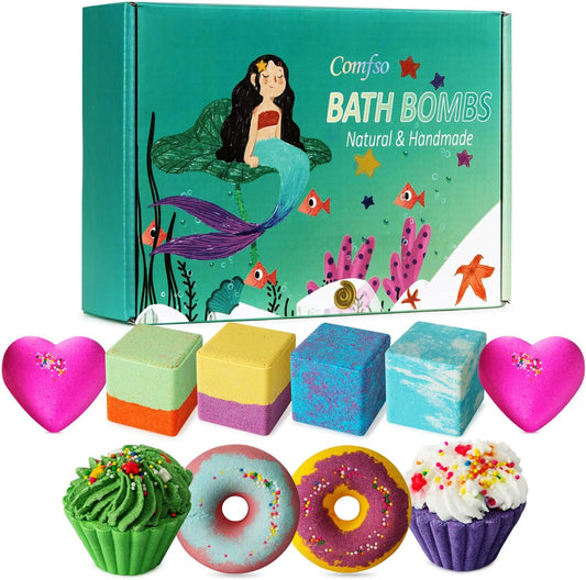 comfso Bath Bombs for Kids, 10 Bath Bomb Gift Set, Natural Bubble Bathbombs