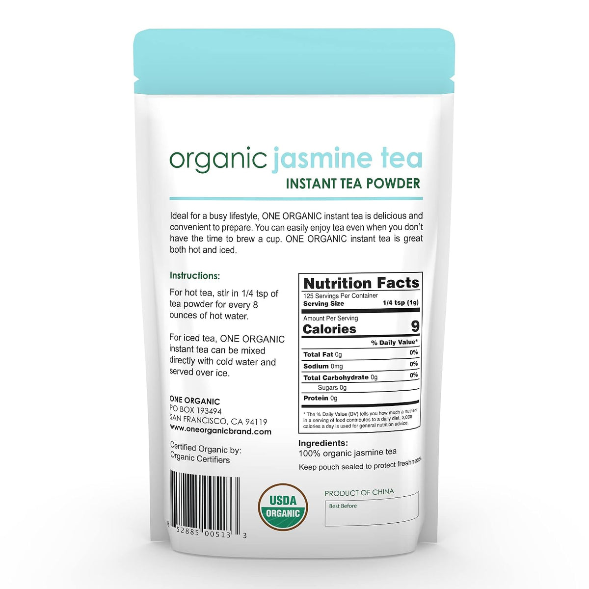 ONE ORGANIC Instant Jasmine Tea Powder - 4.4 oz. - 125 Servings - USDA Certified Organic - 100% Pure - Hot or Iced - Unsweetened