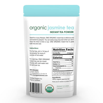 ONE ORGANIC Instant Jasmine Tea Powder - 4.4 oz. - 125 Servings - USDA Certified Organic - 100% Pure - Hot or Iced - Unsweetened
