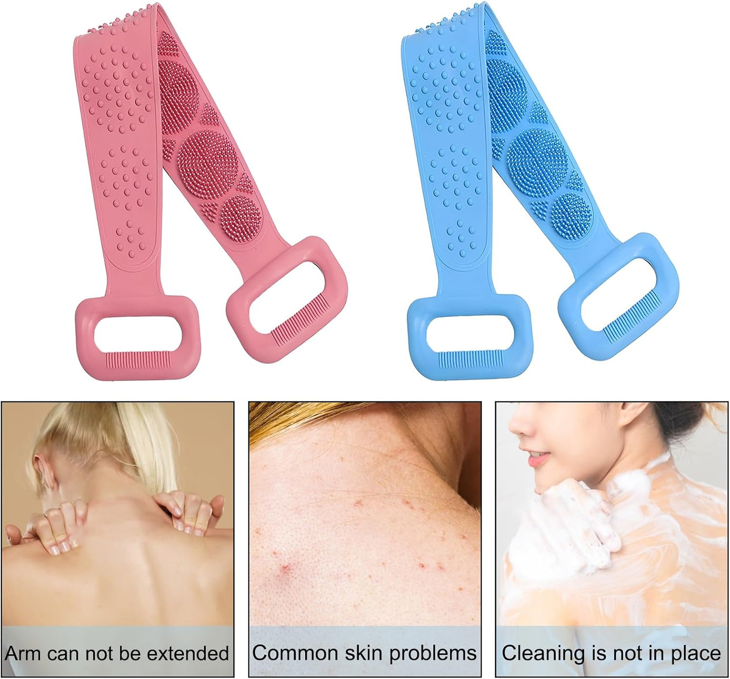 Silicone Body Scrubber for Shower,Silicone Back Body Scrubber with Handle,27.5 Inch Exfoliating Deep Clean Bath Body Brush Scrubber for Men and Women-2 PCS