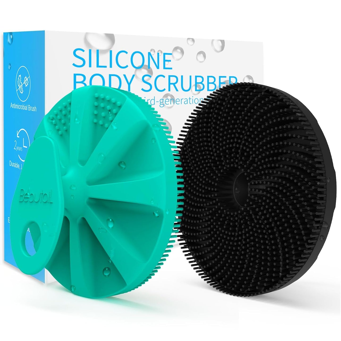 Silicone Body Scrubber 2 Pack, BEAUTAIL Shower Bath Scrubber, More Hygienic Than Traditional Loofah, Lather Nicely, Gentle Exfoliating Brush for Women Men Baby Sensitive Skin, Black+Purple