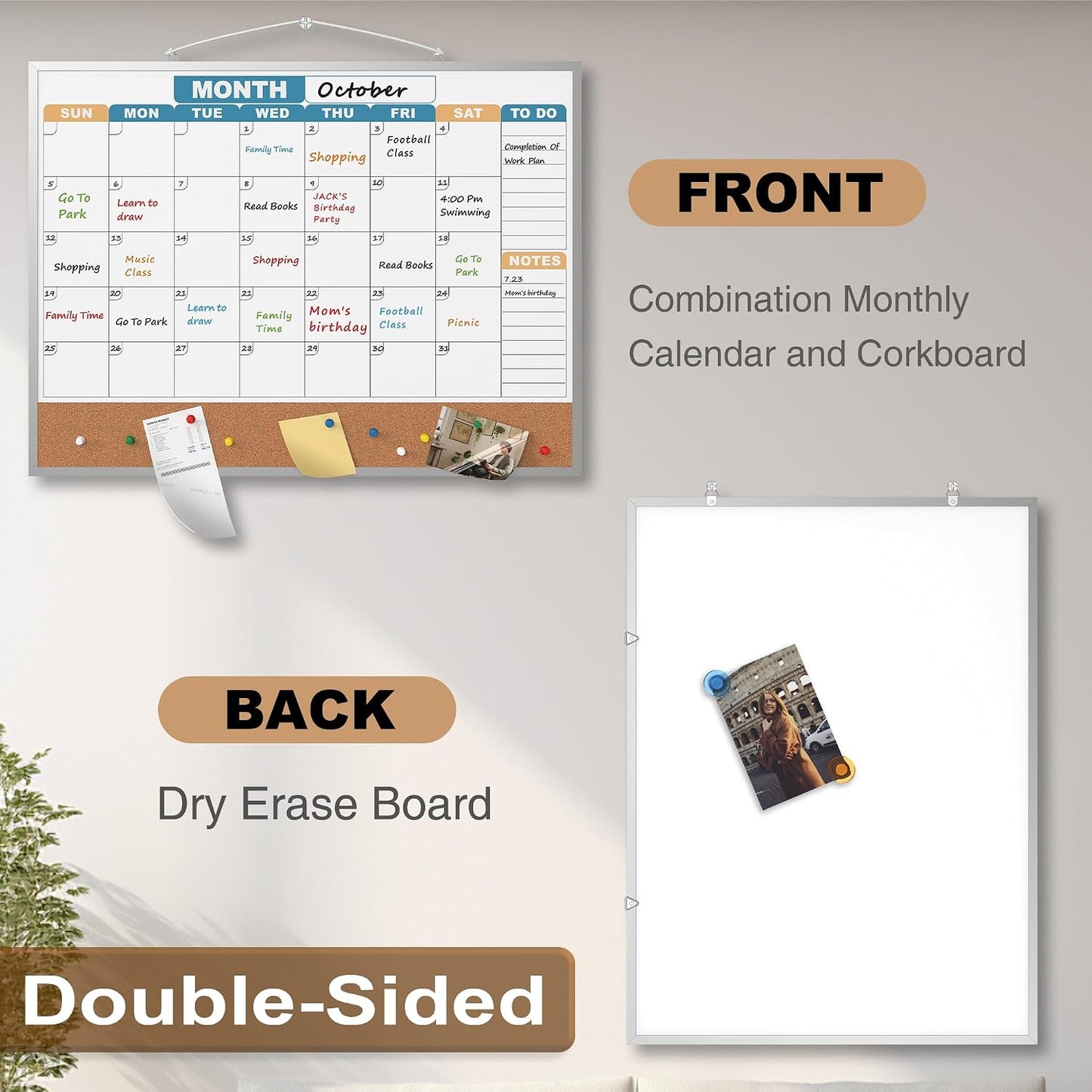 Monthly Calendar Dry Erase Board 16x12 Inch, Double-Sided Whiteboard and Corkboard Combo, Wall Mounted Planner Organizer with Markers, Magnets, Push Pins, Eraser, for Home Office School