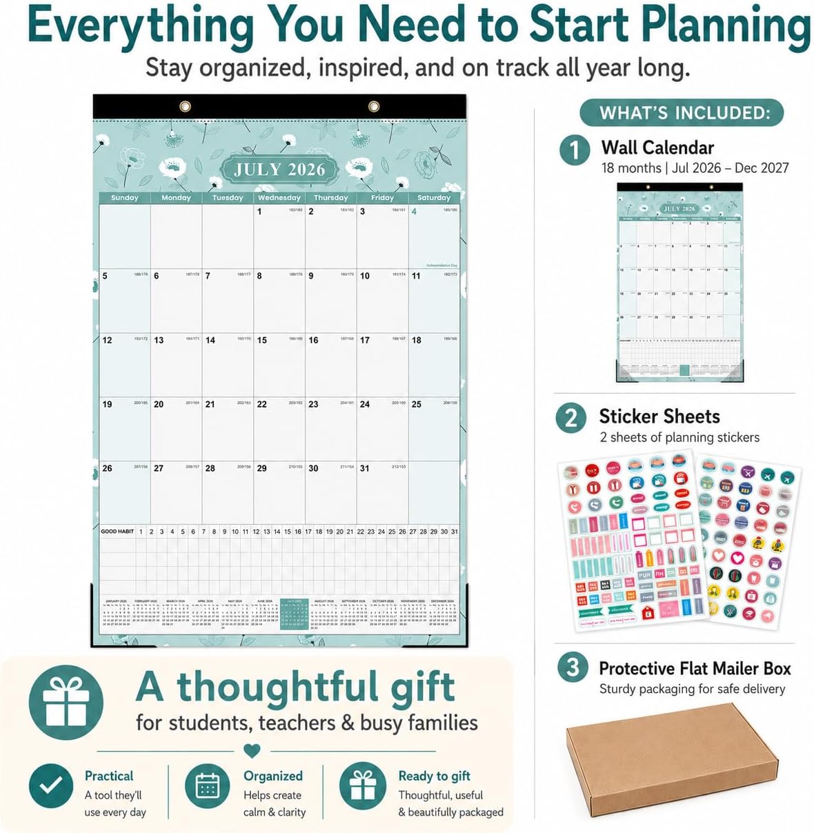 Large Wall Calendar 2026-2027, 18-Month Wall Calendar from July 2026 to December 2027, 15" x 22" 2026 Wall Calendar with Spacious Blocks, Julian Dates, Habit Tracker & Full-Year Reference for Home Office School Colorful