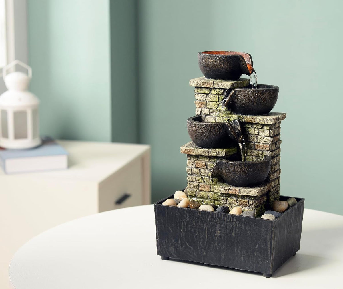 Haobos Indoor Tabletop Fountain 3-Tier Rockery Relaxation, Soothing Sound Home/Office/Bed Room Decor,Gifts for Mom/Grandma Relaxing Waterfall Meditation Tabletop Fountain LED Lights