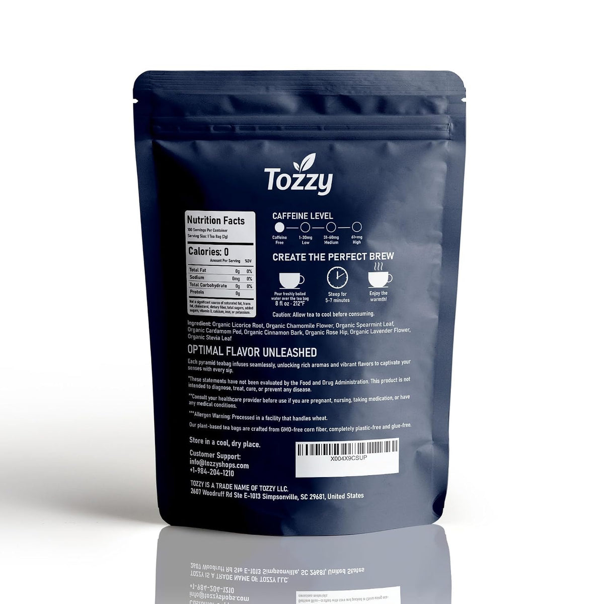 Tozzy Organic Bedtime Bliss Herbal Tea, Caffeine-Free Evening Blend, 100 Plant-Based Pyramid Tea Bags