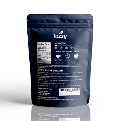 Tozzy Organic Bedtime Bliss Herbal Tea, Caffeine-Free Evening Blend, 100 Plant-Based Pyramid Tea Bags