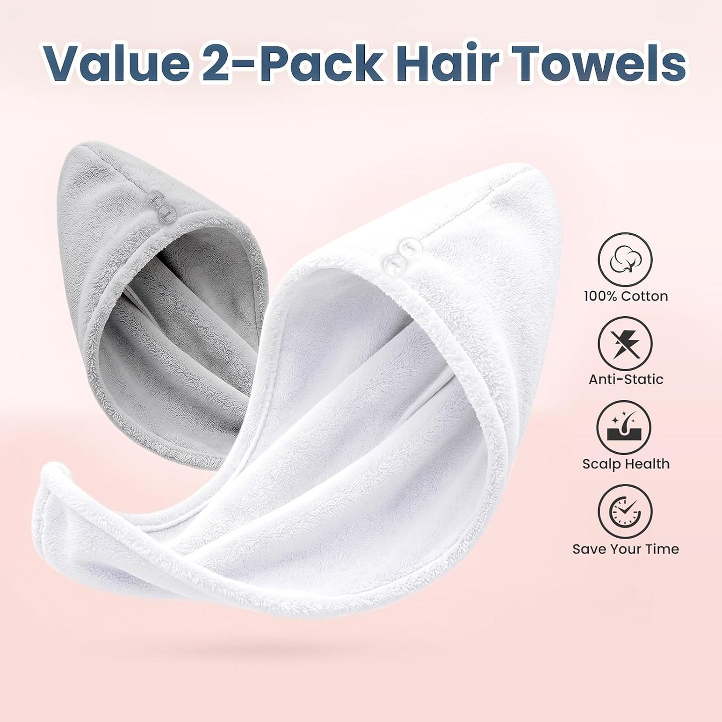 Mandydov 100% Cotton Hair Towel Wrap for Women, 2 Pack Thickened & Super Absorbent Turbans, Anti Frizz Quick Dry Hair Towels (Blue, Pink Blush)