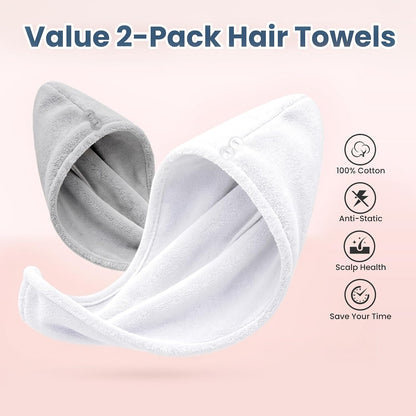 Mandydov 100% Cotton Hair Towel Wrap for Women, 2 Pack Thickened & Super Absorbent Turbans, Anti Frizz Quick Dry Hair Towels (Blue, Pink Blush)