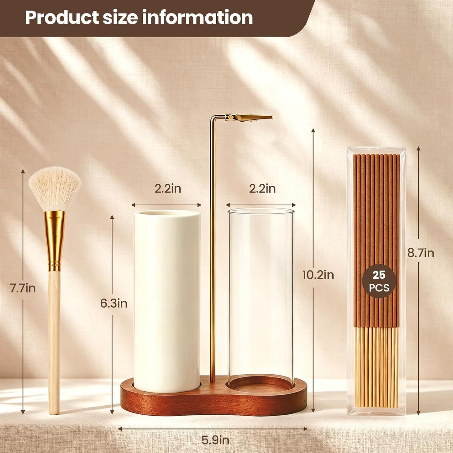 2 in 1 Incense Holder with Glass Ash Catcher, Ceramic Storage Jar, 25 Incense Sticks & Ash Brush, Ideal for Meditation, Yoga, Spa & Home Decor