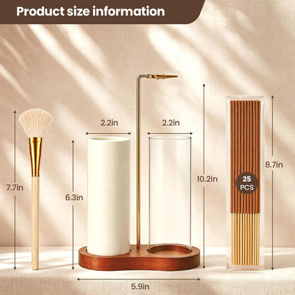 2 in 1 Incense Holder with Glass Ash Catcher, Ceramic Storage Jar, 25 Incense Sticks & Ash Brush, Ideal for Meditation, Yoga, Spa & Home Decor