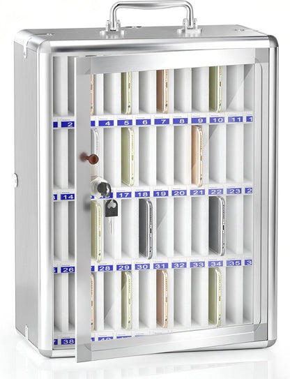 Loghot Aluminum Alloy Pocket Chart Cell Phones Storage Cabinet for Cell Phones, Wall-Mounted Cell Phone Locker Phone Holder with Lock for Classroom, Office, Can be Carried by Hand (36 Slots)